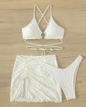 White Bikini Women  3 Piece Swimsuit 2023 High Waist Skirt Bathing Suit V Neck Suspender Cross Bandage Backless Beachwea