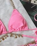 2023 Crystal Diamond Bikini Creative Accessories Swimwear  Metal Chain Solid Color Women Low Waist Thong Split Beachwear