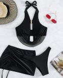  3 Piece Chiffon Swimwear 2023 Women Solid Black Drawstring Skirt Swimsuit Halter Backless Bathing Suit Beachweaar Oldl0
