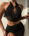  3 Piece Chiffon Swimwear 2023 Women Solid Black Drawstring Skirt Swimsuit Halter Backless Bathing Suit Beachweaar Oldl0
