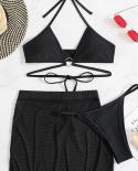 Black Bikini Set Women 2023 3 Piece Gauze Skirt Swimsuit Excellent Quality High Waist Bathing Suit  Thong Swimwear Beach