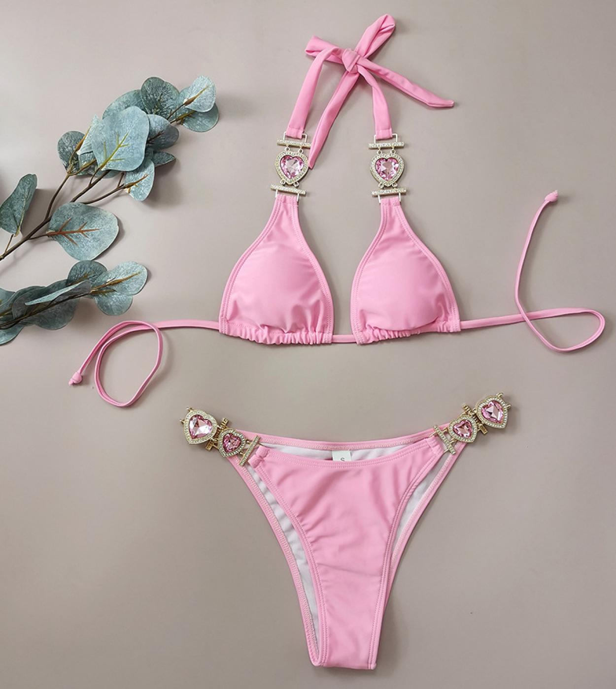 Pink Swimsuit Woman 2023  Luxury Heart Rhinestone Bikini Lace Up 2 Piece Swimwear Backless Beach Bathing Suit Ysm230302