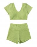 Swimsuit Women 2023 Green Bikini 2 Piece V Neck Tankini Conservative High Waist Short Sleeve Swimsuit Beach Bathing Suit