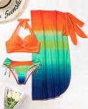 Gradient 3 Piece Bikini Set Women 2023 High Waist Skirt Swimsuit Cross Vneckhard Package Halter Swimwear Bathing Suit Jn