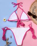 Solid Color Swimsuit For Women 2023 2 Piece Bikini Lace Up Triangle Cup Suspender Backless High Waist Thong Bathing Suit