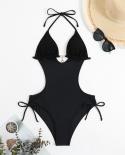 Diamond Bikini Women 2023 New Solid Black One Piece Swimwear High Waist Hollow Out Swimsuit Triangle Cup Suspender Bathi