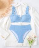 Swimsuit Woman 2023 High Waist Bikini Solid Sky Blue Two Piece Swimwear Special Fabric V Neck Bathing Suit Backless Beac