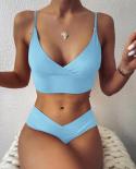 Solid Color Bikini 2023 High Waist 2 Piece Swimsuit Mujer Women V Neck Suspender Bathing Suit Brazilian Push Up Bandage 
