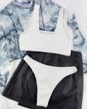 Solid Color Swimsuit For Women 2023  High Waist Two Piece U Neck Bikini Special Fabric Swimwear Beach Bathing Suit Lg140