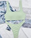 Solid Color Swimsuit For Women 2023  High Waist Two Piece U Neck Bikini Special Fabric Swimwear Beach Bathing Suit Lg140