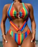 Rainbow Stripe Conjoined Bikini 2023 Women  Hollow Out One Piece Swimwear V Neck Bathing Suit Beachwear Monokini Xn22121