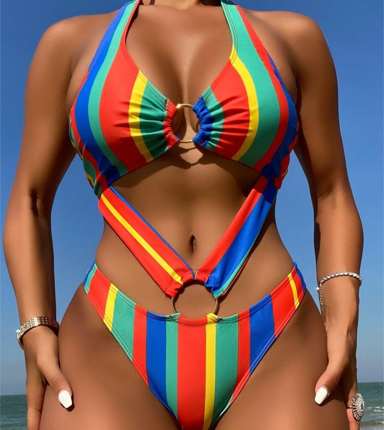 Rainbow Stripe Conjoined Bikini 2023 Women  Hollow Out One Piece Swimwear V Neck Bathing Suit Beachwear Monokini Xn22121