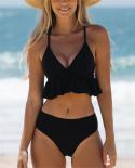 Solid Bikini 2022 Woman Two Piece Ruffle Swimsuit  Triangle Vneck Bathing Suit High Waist Bathing Suit Backless Beachwea