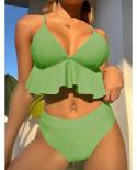 Solid Bikini 2022 Woman Two Piece Ruffle Swimsuit  Triangle Vneck Bathing Suit High Waist Bathing Suit Backless Beachwea