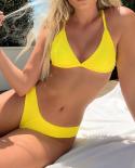 Solid Color Micro Bikini Two Piece Swimsuit 2023  V Neck Triangle Cup Suspender Backless Yellow Bathing Suit Bikini Pxjy