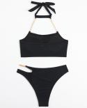 купальник женский 2023 Women Solid Color Two Piece Swimsuit  Metal Chain Hollow Bathing Suit Bikini Beac