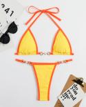  Micro Two Piece Swimsuit 2023 Women Solid Color Triangle Cup V Neck Bikini Pearl Chain Low Waist Thong Swimwear New Yj2