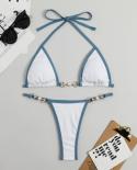  Micro Two Piece Swimsuit 2023 Women Solid Color Triangle Cup V Neck Bikini Pearl Chain Low Waist Thong Swimwear New Yj2