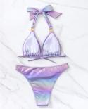 Shiny Bikini 2023 Gradient Purple 2 Piece Swimsuit Triangle Cup Vneck Tankini Women  Lace Up Bathing Suit Backless Zmss0