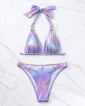 Shiny Bikini 2023 Gradient Purple 2 Piece Swimsuit Triangle Cup Vneck Tankini Women  Lace Up Bathing Suit Backless Zmss0