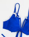 купальник женский 2023 Women Blue Bikini Underwire Two Piece Swimsuit Cross Bandage Hollow Bathing Suit 