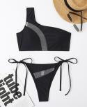 Black Splice Bikini Women 2023 Transparent Gauze Two Piece Swimsuit One Shoulder Beach Swimwear Lace Up Thong Biquini Mj