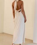 Womens Summer  Backless Long Skinny Dress Leeveless Backless Hanging Neck Tie Up Party Robe  Dress