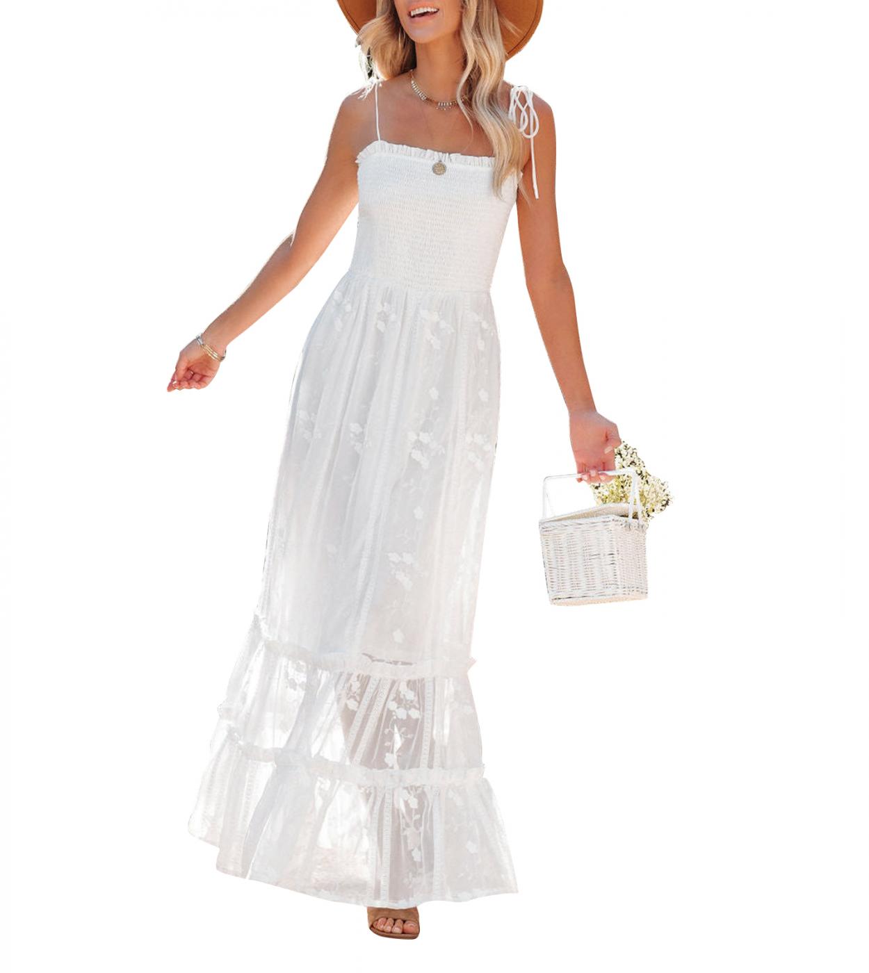 Womens Summer Spaghetti Straps Sleeveless Ruffle Backless Long Lace Posy Dress High Waist Swing Dress Beachwear