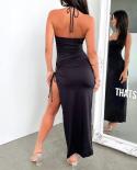Women Cut Out Long Dresses, Sleeveless Backless Off Shoulder Lace Up Split Casual Party Summer Evening Dress