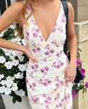 Women Summer Deep V Neck Sleeveless Floral Strap Dress Summer Going Out Backless Slim Fit Bodycon Long Sundress Party