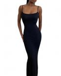 Women Sleeveless Long Bodycon Fish Tail Dresses  Elegant Spaghetti Strap Solid Color Cocktail Party Dress