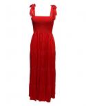 Women Boho Style Sleeveless Spaghetti Strap Summer Dress Square Beach Sundress Solid Smocked Tiered Long Party Dress