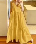 Fashion Spaghetti Straps Loose Party Dress Women Elegant Simple Solid Color Long Dress  Deep V Neck Pleated Suspenders D