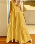 Fashion Spaghetti Straps Loose Party Dress Women Elegant Simple Solid Color Long Dress  Deep V Neck Pleated Suspenders D