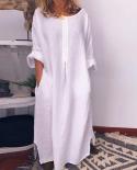 Elegant O Neck Adjustable Long Sleeve Long Dress Women Fashion Side Split Solid Party Dress 2023 Cotton Linen Loose Beac