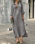 Cotton Linen Shirt Dress Fashion Turn Down Collar Button Loose Party Dress Women Casual Adjustable Long Sleeve Solid Lon