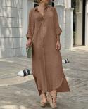 Cotton Linen Shirt Dress Fashion Turn Down Collar Button Loose Party Dress Women Casual Adjustable Long Sleeve Solid Lon
