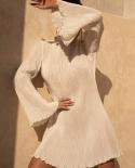 Elegant Striped Pressed Pleat Mini Dress Women Casual Long Sleeve Solid Color Party Dress 2023 Fashion O Neck Loose A Li