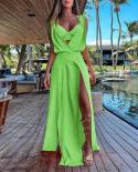   V Neck Sleeveless Long Dress Women Elegant Backless Hollow Solid Party Dress Summer Fashion Split Waist Bohe Beach Dre