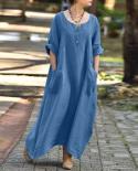 Summer Elegant Crew Neck Loose Long Dress Women Casual Adjustable 34 Sleeve Party Dress Fashion Button Pocket Solid Bea