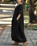 Summer Elegant Crew Neck Loose Long Dress Women Casual Adjustable 34 Sleeve Party Dress Fashion Button Pocket Solid Bea
