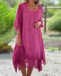 Cotton Linen Irregular Midi Dress Summer Fashion O Neck Solid Party Dress Women Elegant Adjustable Long Sleeve Loose Bea