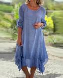 Cotton Linen Irregular Midi Dress Summer Fashion O Neck Solid Party Dress Women Elegant Adjustable Long Sleeve Loose Bea