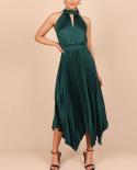 Women Elegant Sleeveless Hollow Party Dress Summer Casual Hanging Neck Pleated Long Dress Fashion Hight Waist Solid Maxi