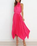 Women Elegant Sleeveless Hollow Party Dress Summer Casual Hanging Neck Pleated Long Dress Fashion Hight Waist Solid Maxi