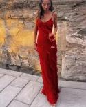 Elegant Ruffles Suspenders Long Dress 2023 Women  V Neck Sleeveless Solid Party Dress Fashion Backless Bodycon Evening D
