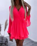 Women Elegant Lace Up Ruffles A Line Dress  V Neck Wrap Solid Chiffon Party Dress Casual Long Sleeve Pleated Cake Mini D