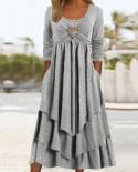 Fashion O Neck Long Sleeve Layered Cake Dress 2023 Spring Elegant Hight Waist Solid Party Dress Autumn Casual Loose Long