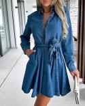Elegant Lapel Collar Buttons Jeans Dress Women Casual Long Sleeve Tie Up Party Dress Fashion Lace Up Pleated Solid Mini 