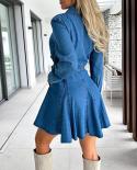 Elegant Lapel Collar Buttons Jeans Dress Women Casual Long Sleeve Tie Up Party Dress Fashion Lace Up Pleated Solid Mini 